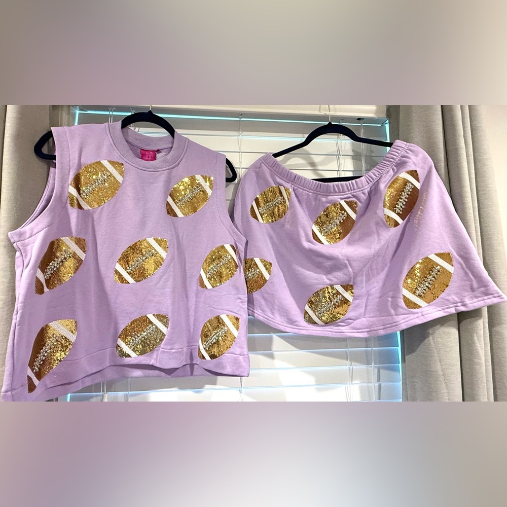 QUEEN OF SPARKLES Purple and Gold Sequin Football Outfit NWOT from QOS Website